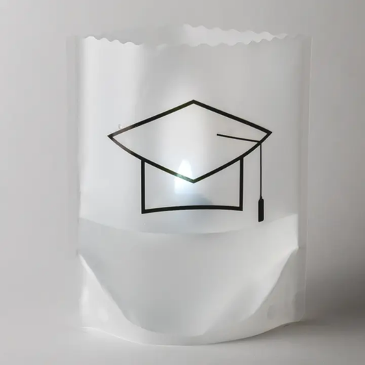 Reusable luminary with a black graduation cap design on a white background
