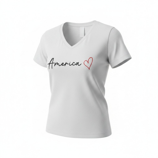 Short Sleeve V-Neck T Shirt | White | America