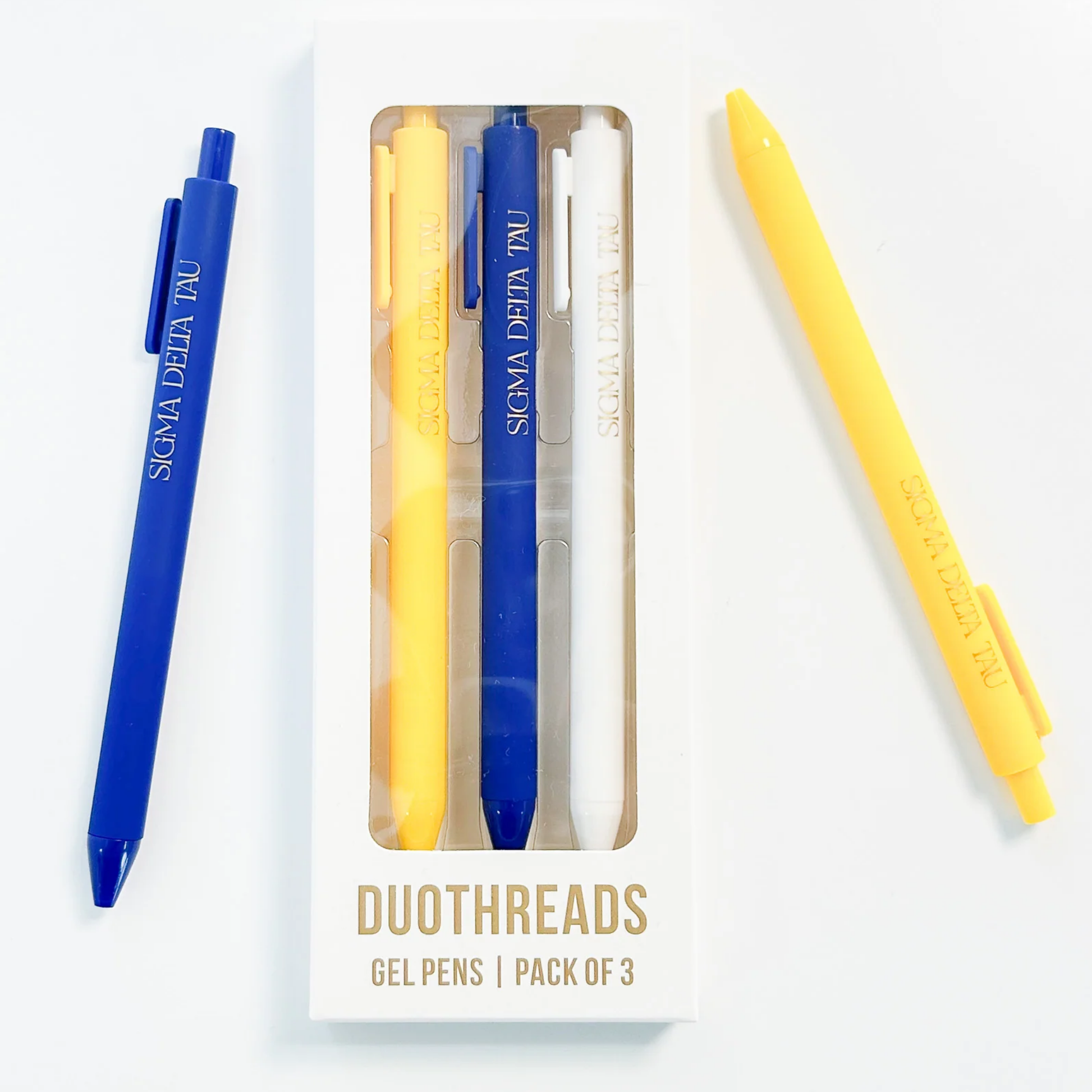 Pack of three gel pens with blue, yellow, and white colors on a white background.