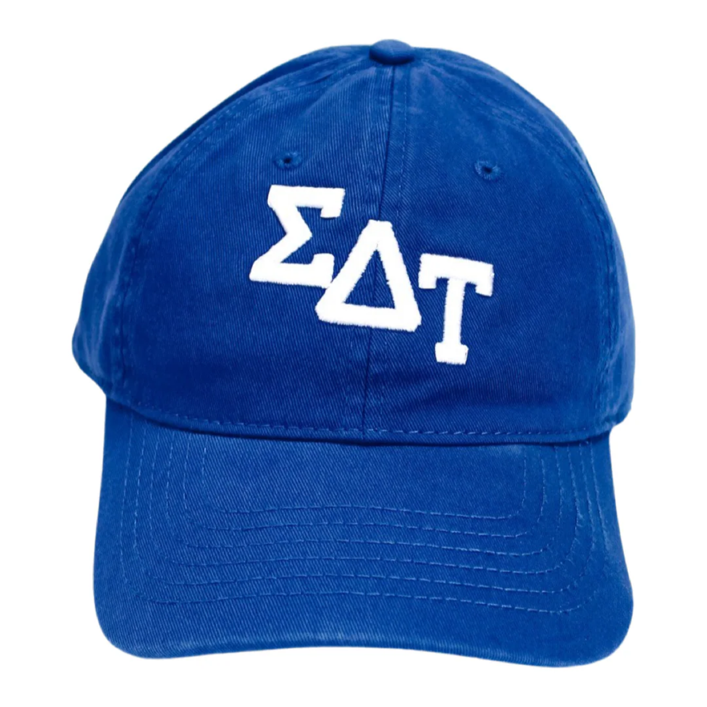 Blue cap with white Greek letters on a white background