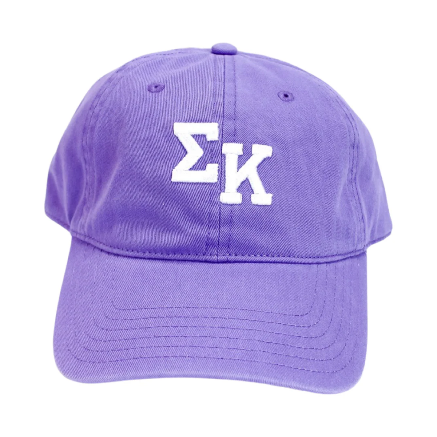 Purple cap with white letters 'ΣK' on a white background