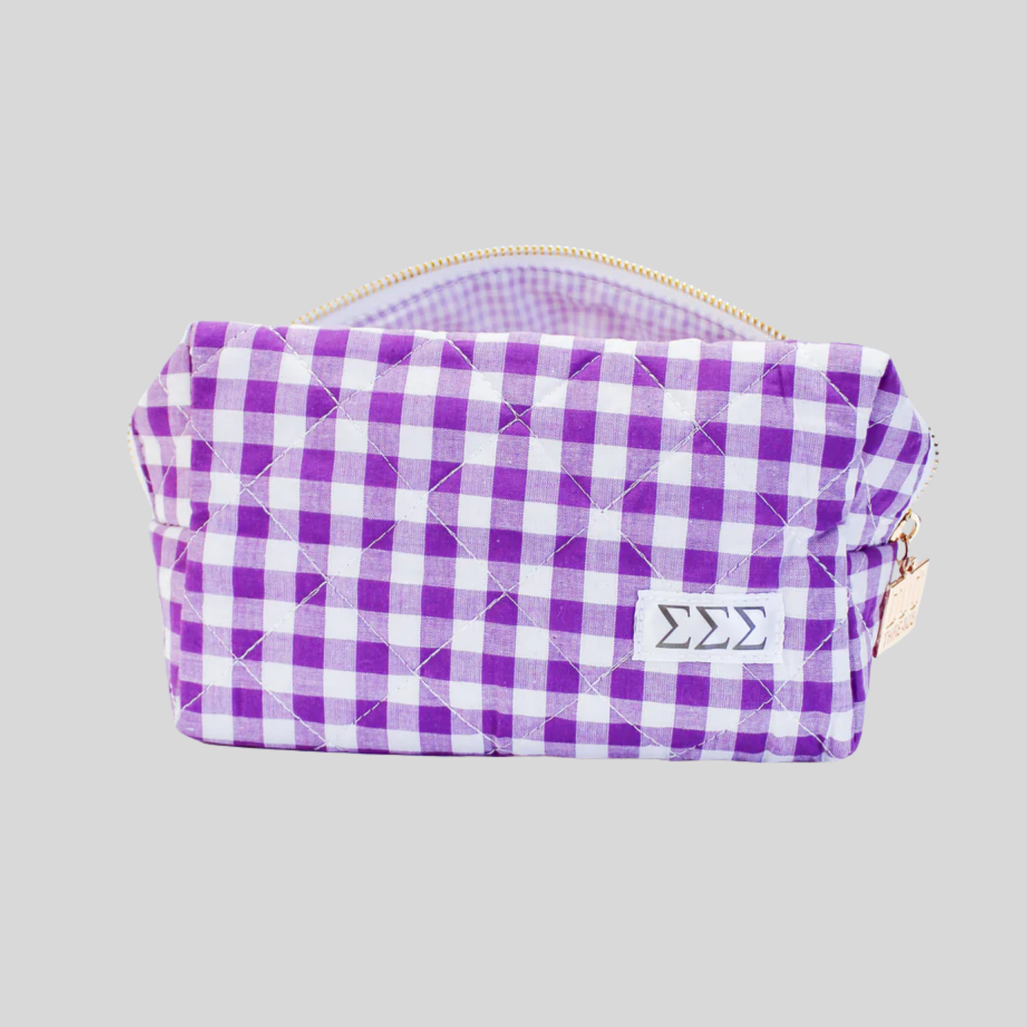 Purple and white checkered pouch with a logo on a gray background