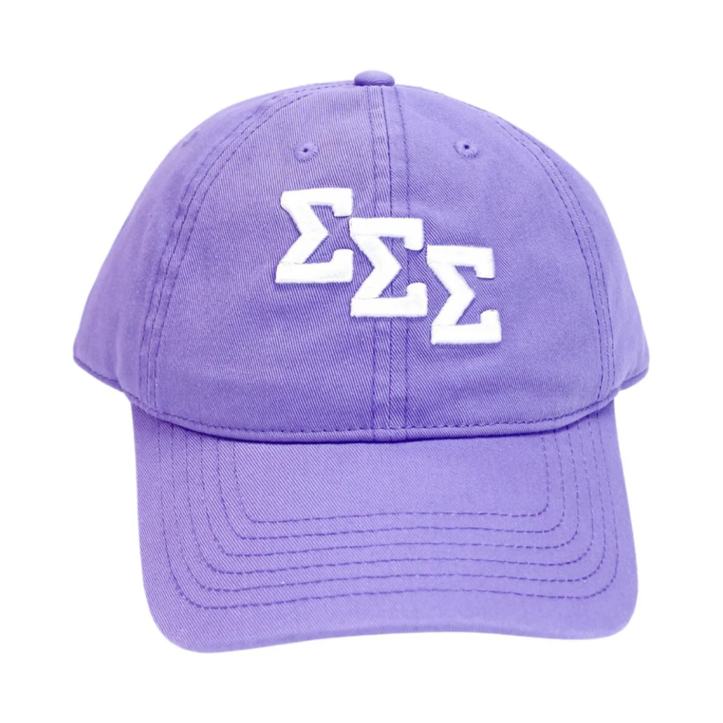 Purple cap with white Greek letter symbols on a white background