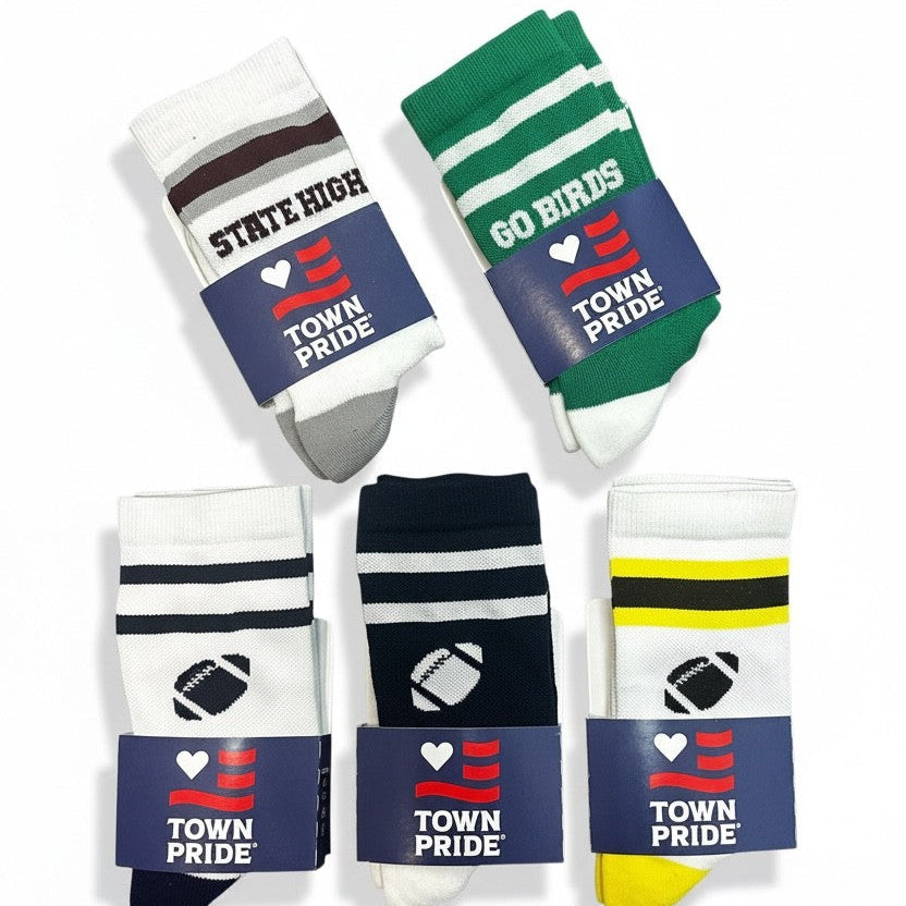 Set of socks with 'Town Pride' and other text designs on a white background