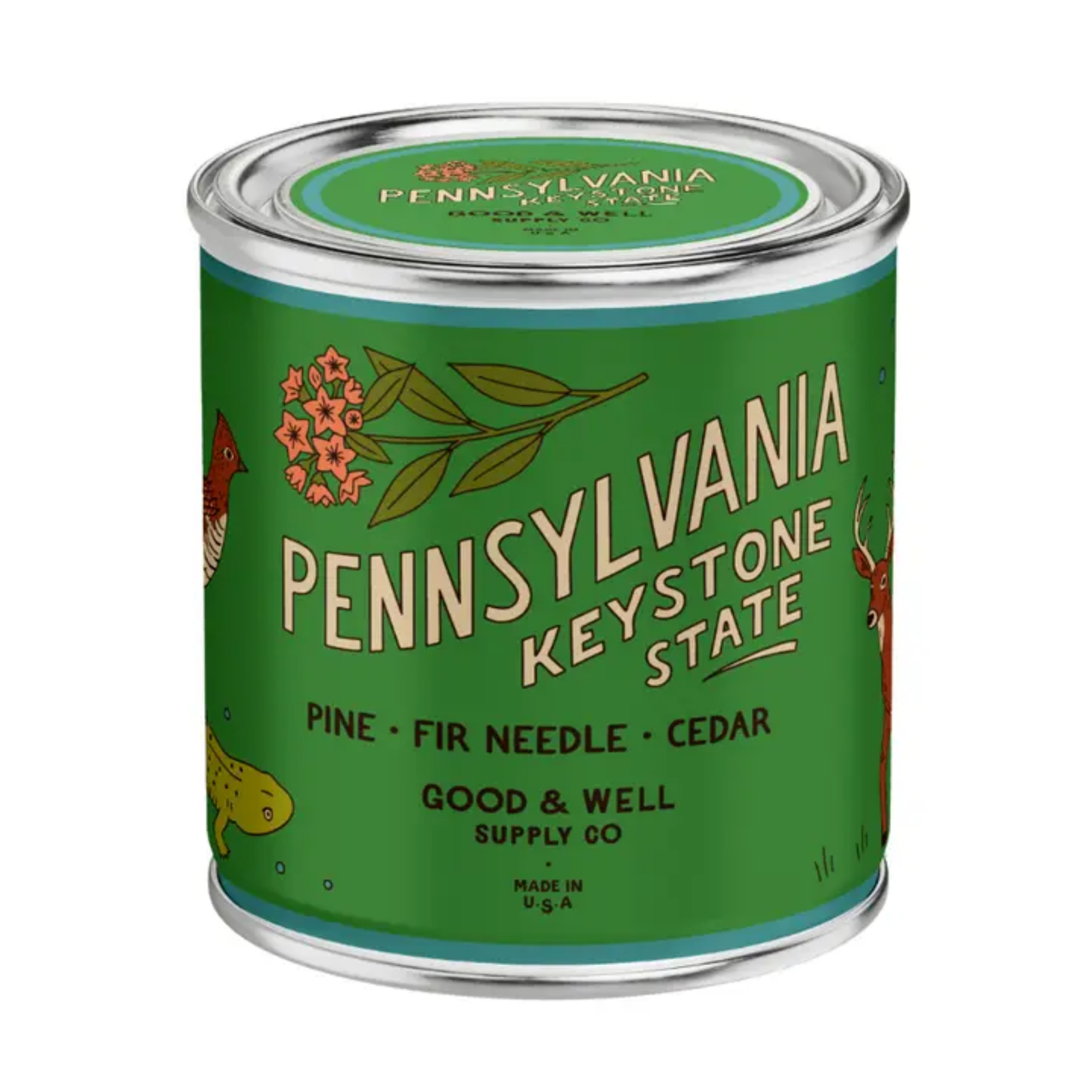 Green can with 'Pennsylvania Keystone State' label on a white background. Good & Well Supply Co.