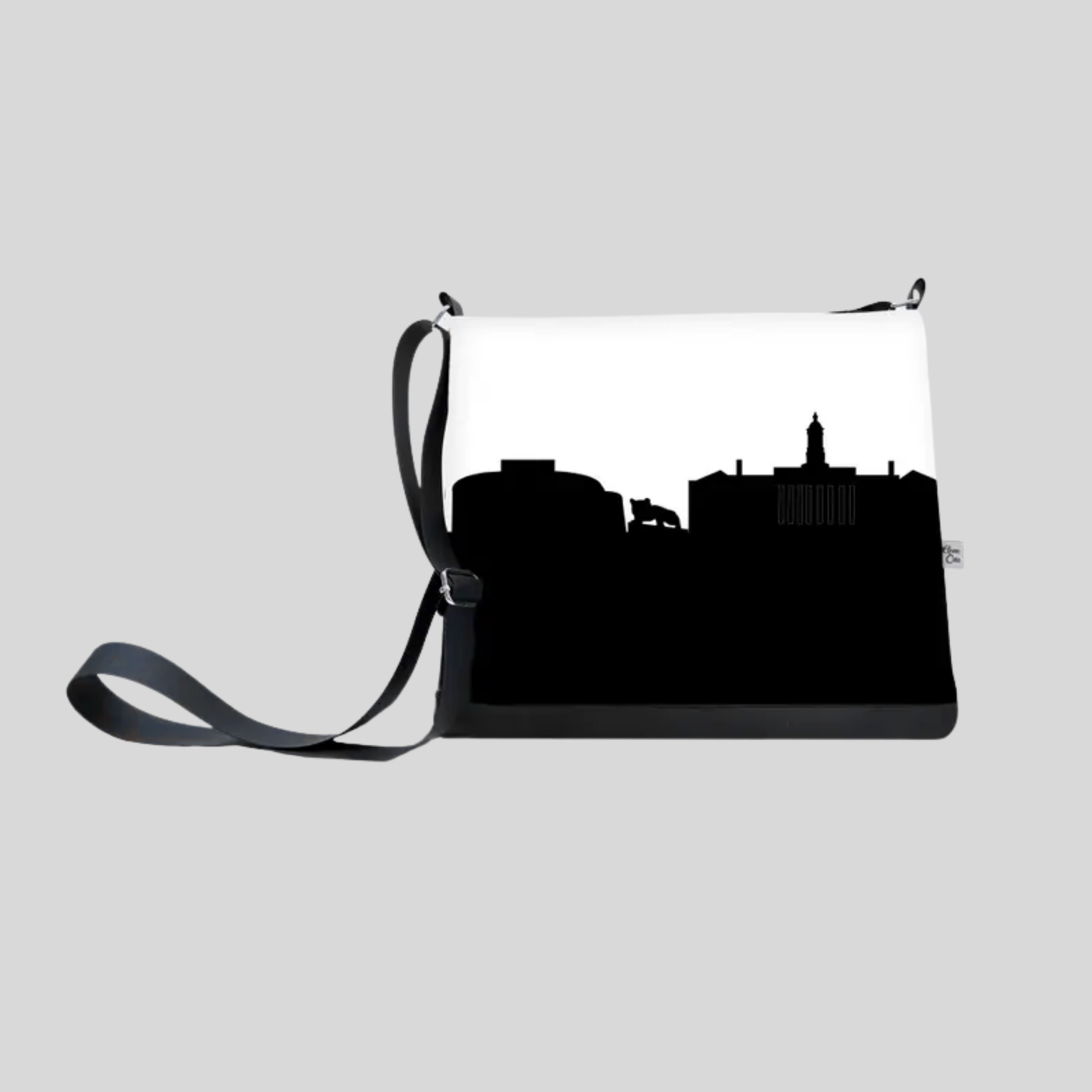 Navy silhouette of a State College skyline on a white bag with a strap against a light gray background