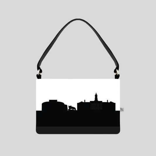 Navy and white handbag with State College silhouette