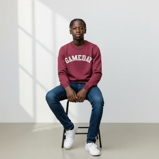 Person wearing a maroon 'GAMEDAY' sweatshirt sitting on a stool against a white background