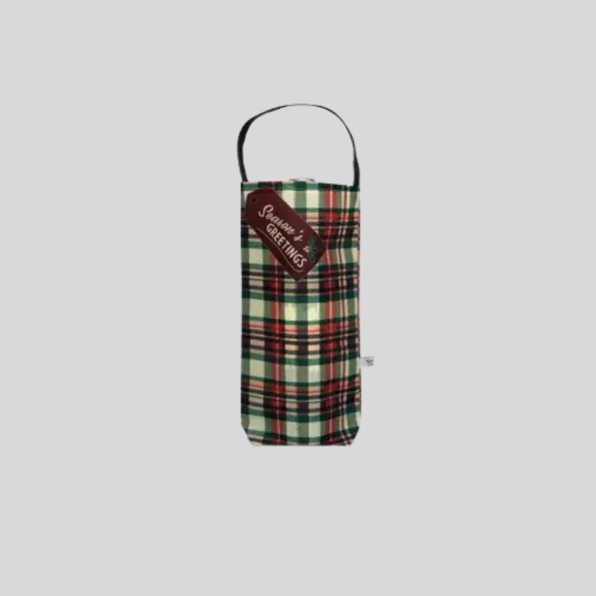 Plaid wine bag with a tag on a light gray background