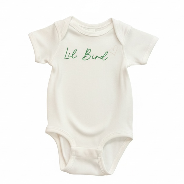 White baby onesie with 'Lil Bird' text in green