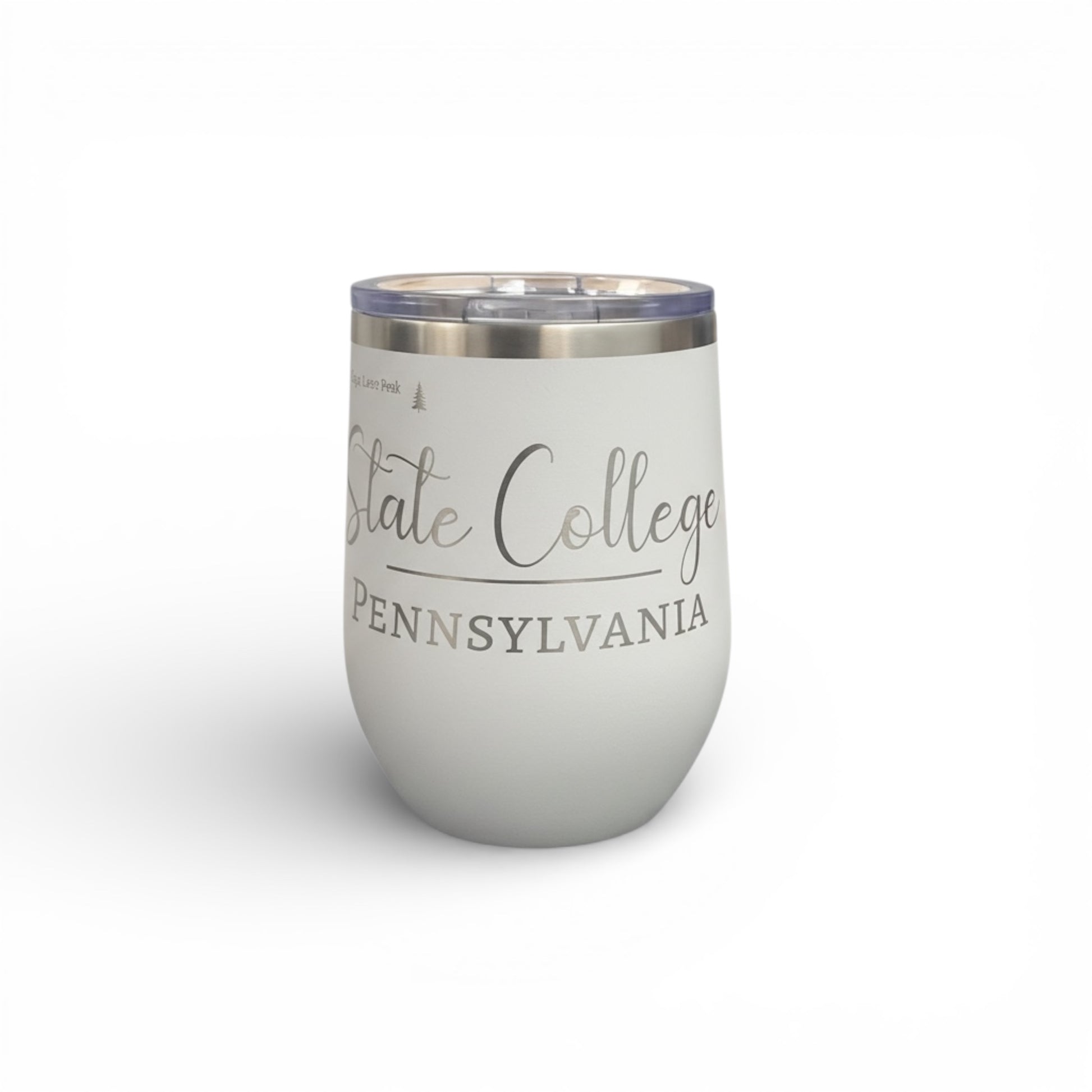 White insulated tumbler with “State College Pennsylvania” and printed map