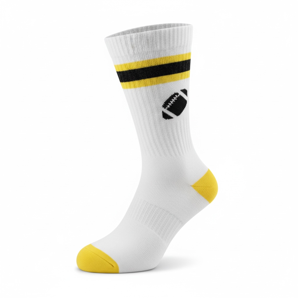 White sock with yellow and black accents featuring a football icon 