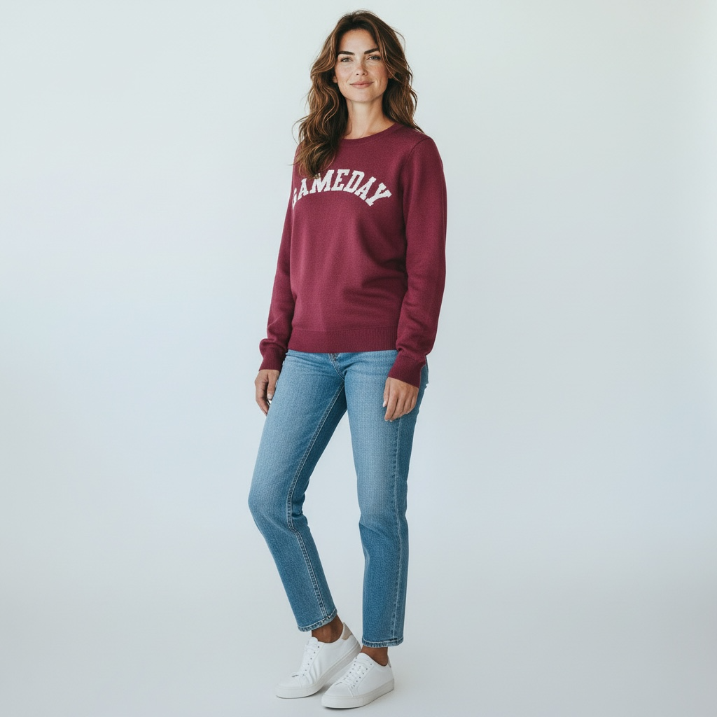 Woman wearing a maroon sweatshirt with 'gameday' text and blue jeans on a white background
