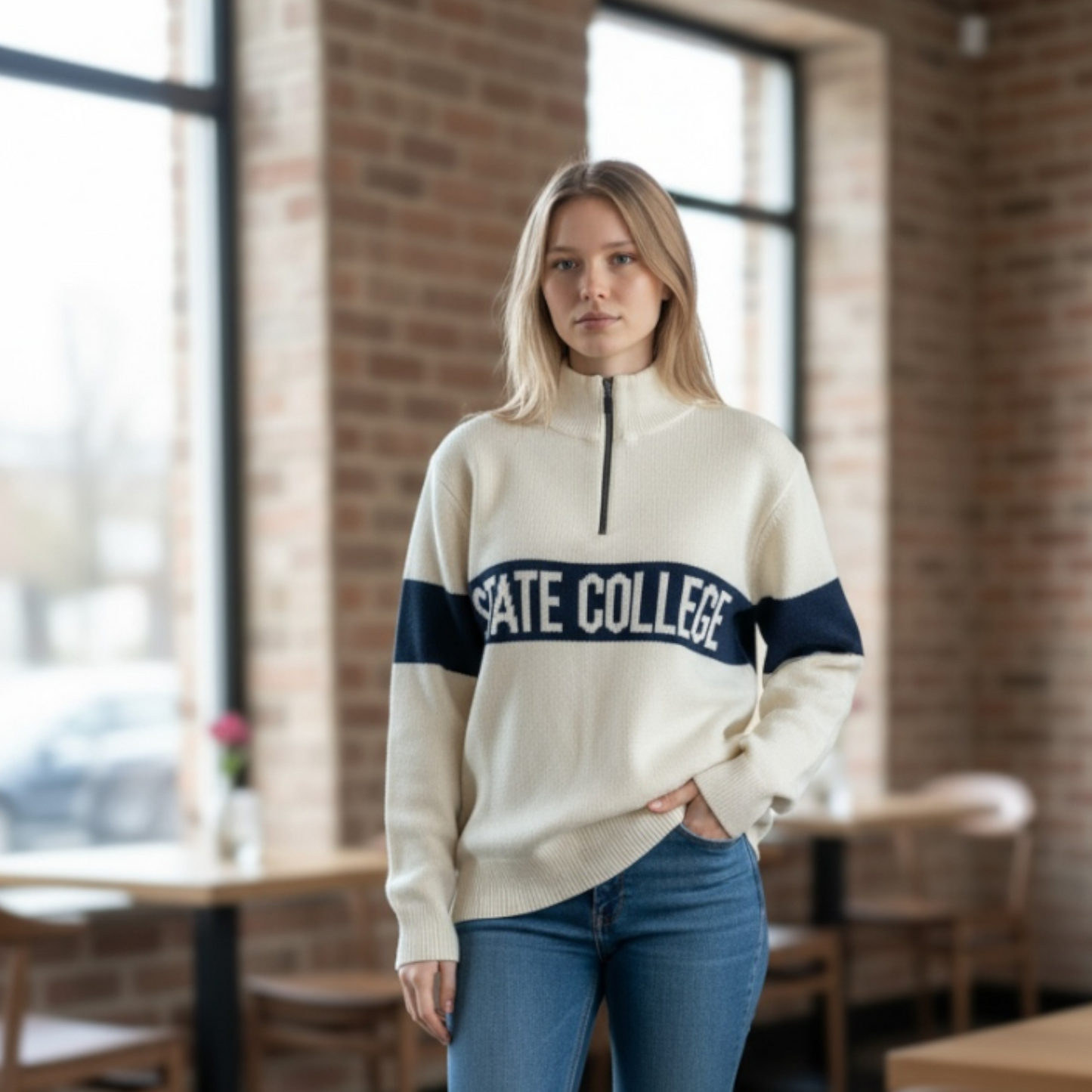 Woman wearing a cream-colored sweater with 'STATE COLLEGE' text in a casual setting.