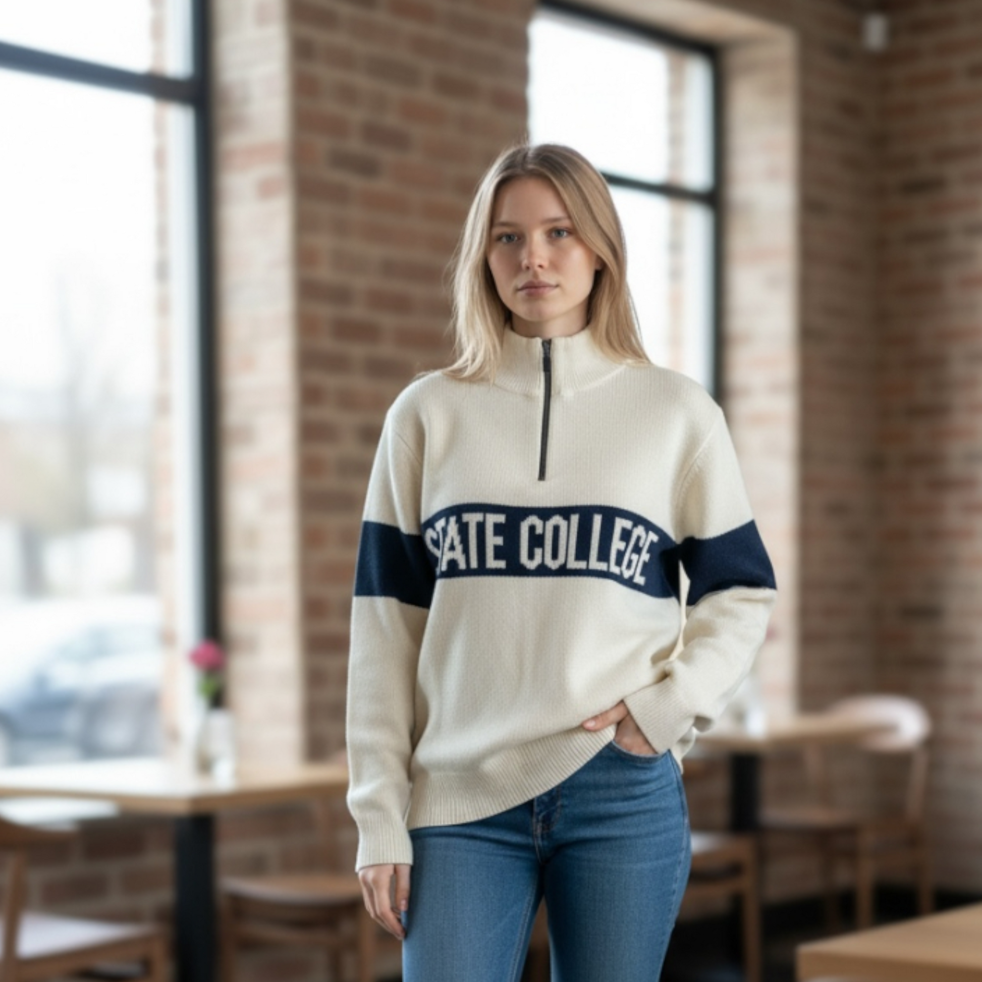 Woman wearing a cream-colored sweater with 'STATE COLLEGE' text in a casual setting.
