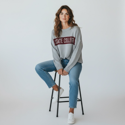 Everyday Relaxed Sweater With Stripe | Grey Maroon | State College - Town Pride State College