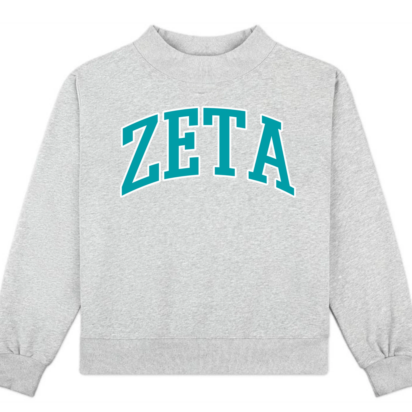 Gray sweatshirt with 'ZETA' printed in teal on a white background