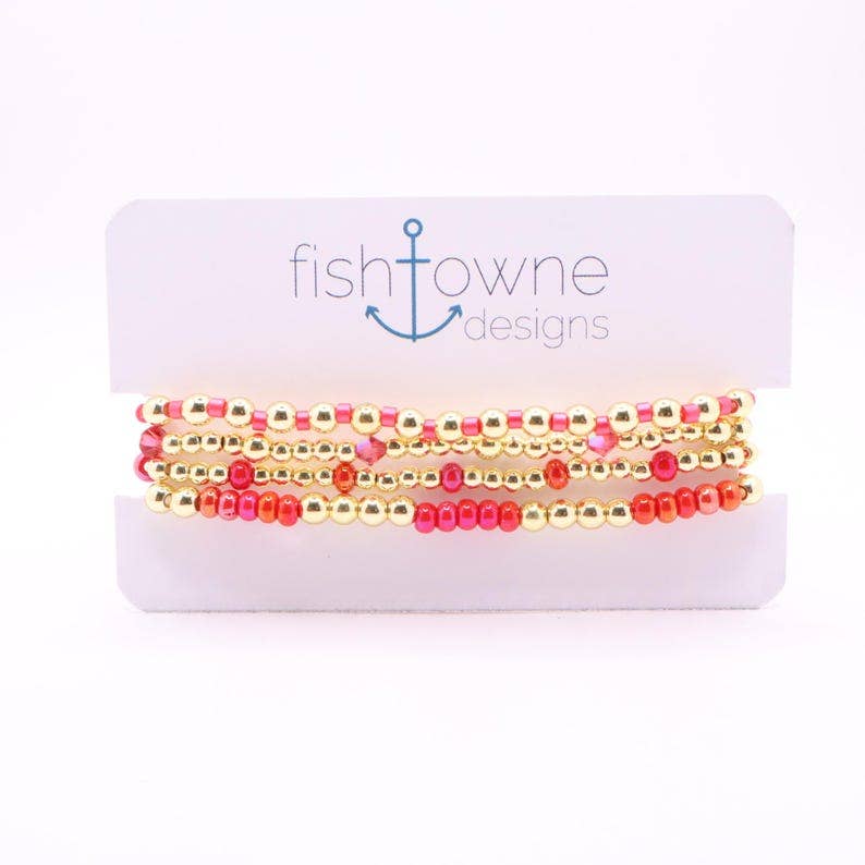 Hot Pink and Gold Hematite Bracelet Stack – The Classic Stack - Hot Hibiscus