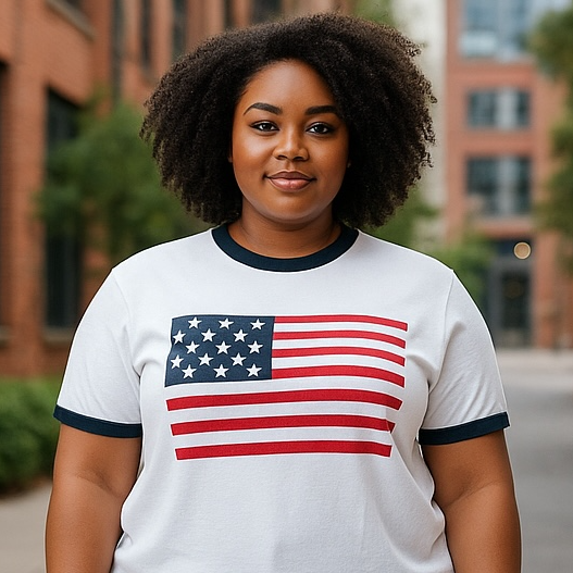 Person wearing a white t-shirt with an American flag design on a sidewalk.