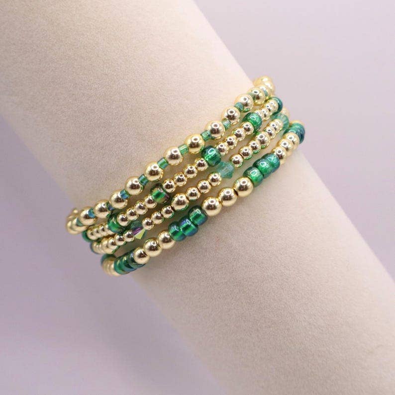 Emerald Green and Gold Hematite Bracelet Stack - The Classic Stack - Seaglass