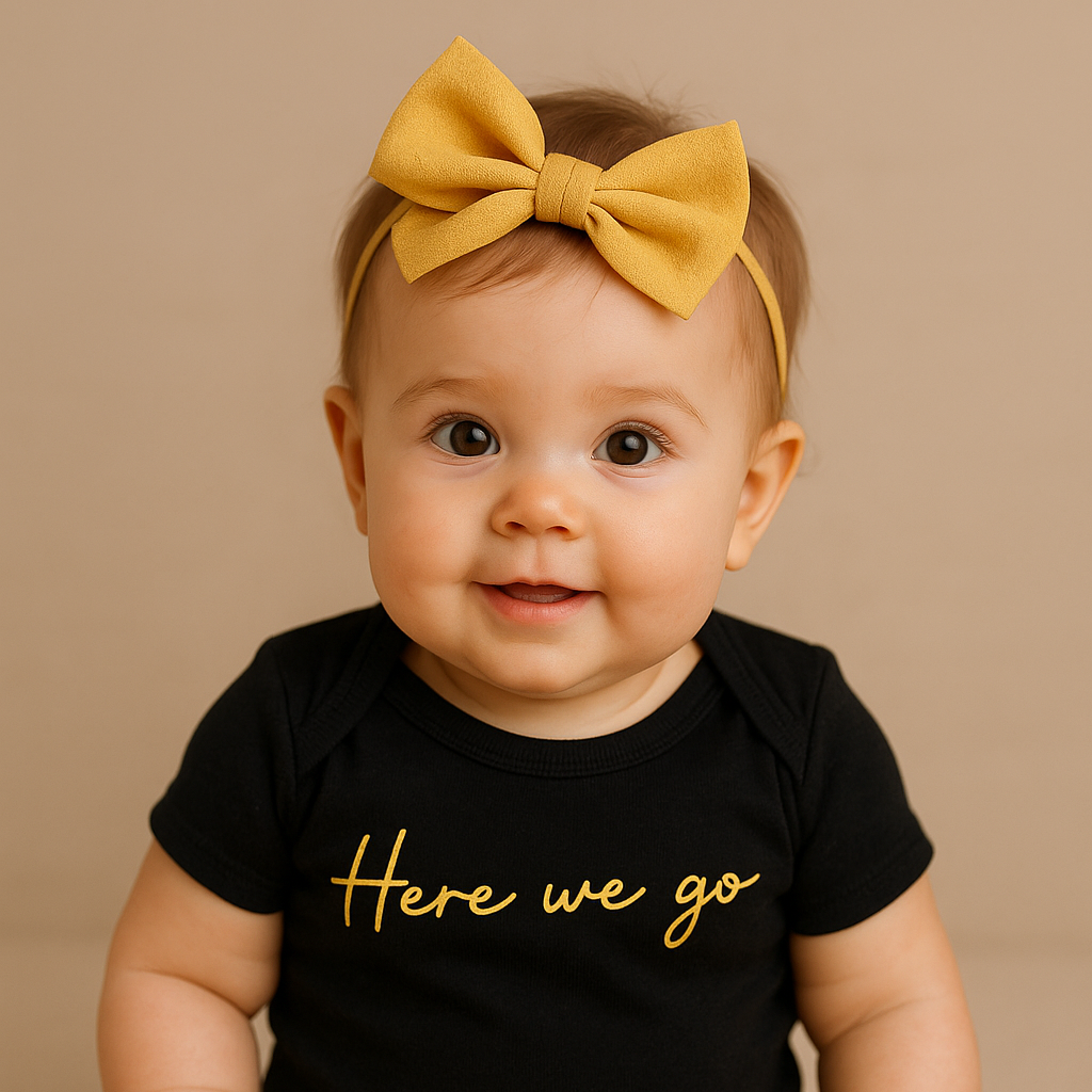 Baby wearing a black onesie with 'Here we go' in yellow, sitting on a beige background
