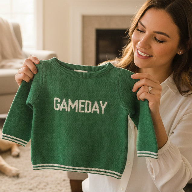 Woman holding a green 'GAMEDAY' shirt in a living room with a TV and dog in the background