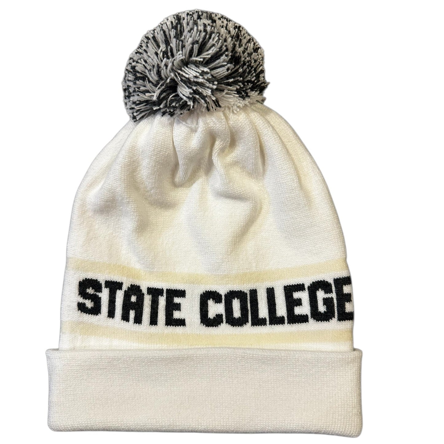 White beanie with black text 'STATE COLLEGE' and gray pom-pom on a white background