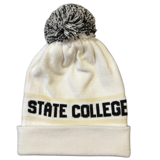 White beanie with black text 'STATE COLLEGE' and gray pom-pom on a white background