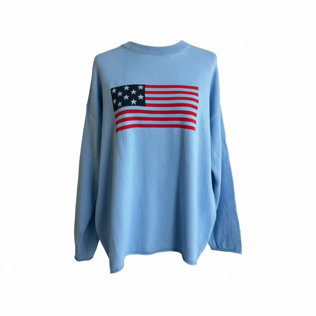Light blue sweater with American flag design on a white background