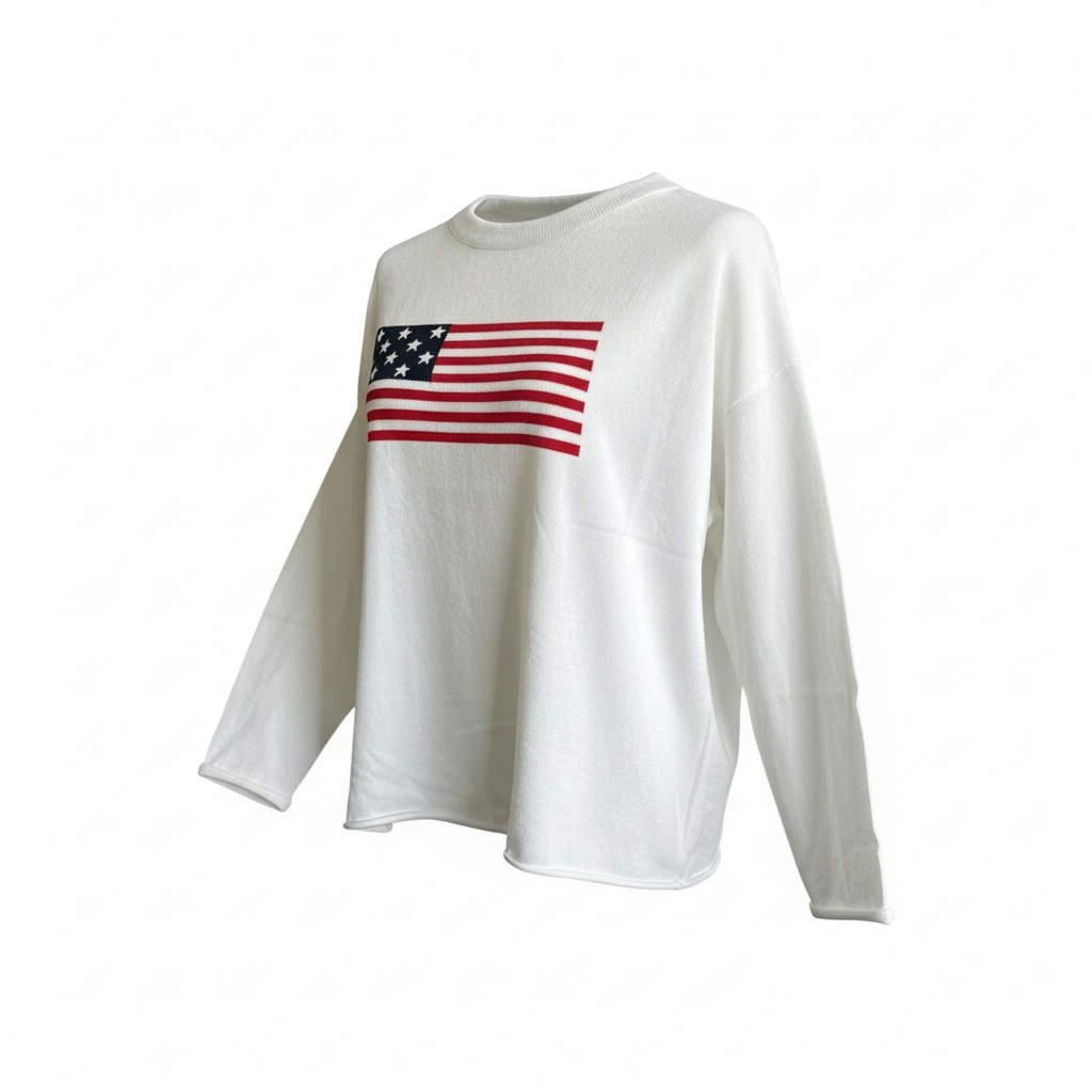 White long-sleeve shirt with American flag design on a white background