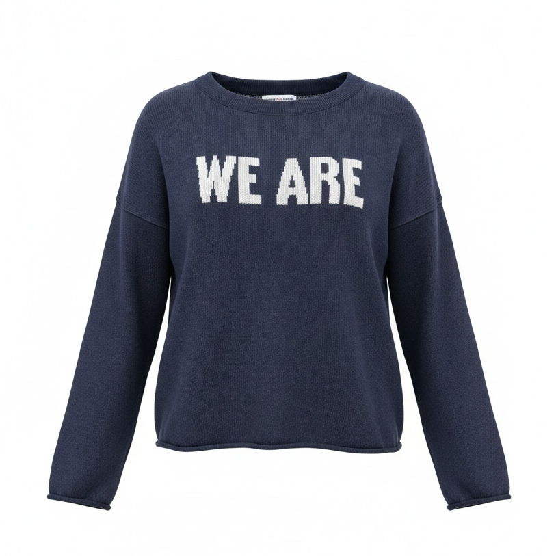 navy sweater with white WE ARE