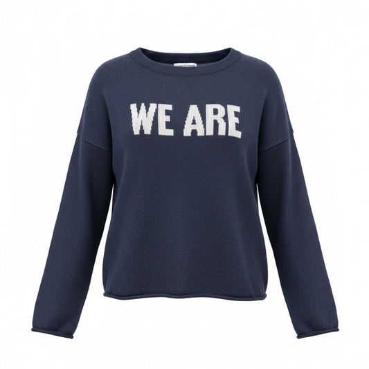 navy sweater with white WE ARE