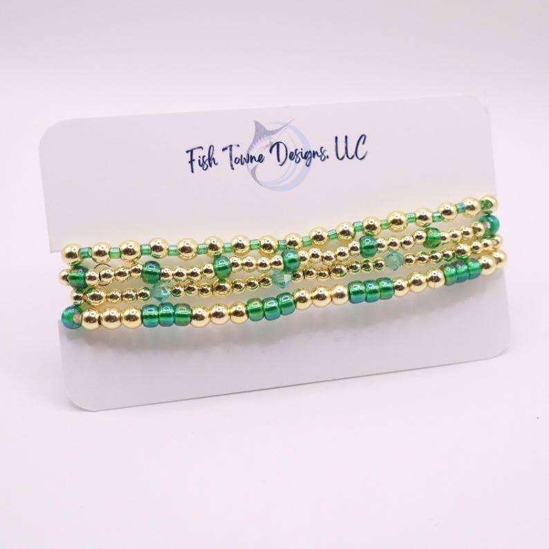 Emerald Green and Gold Hematite Bracelet Stack - The Classic Stack - Seaglass