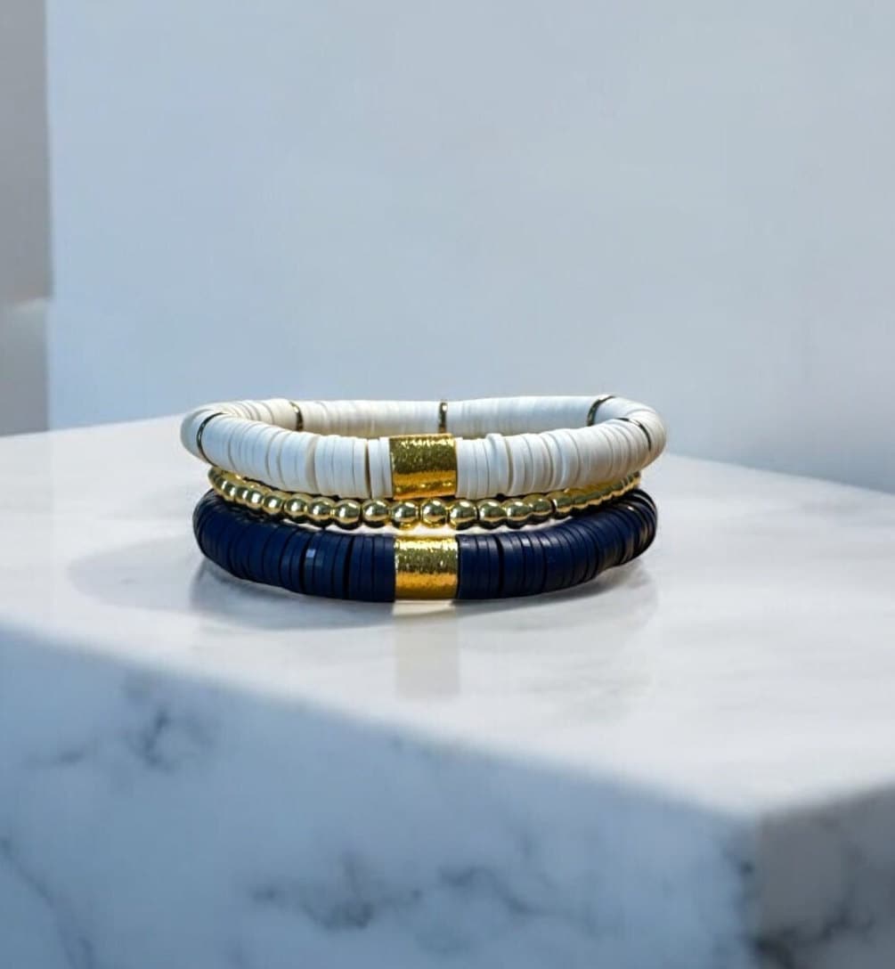 Navy Blue and White Game Day Bracelet Stack