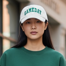 Person wearing a green tracksuit and white cap on a city street.