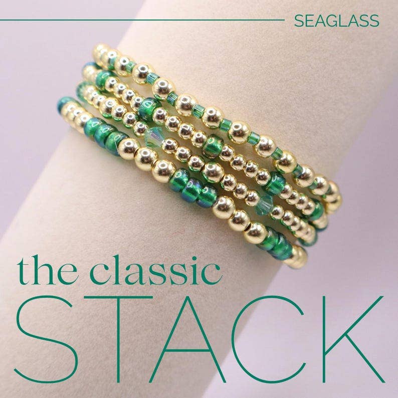Emerald Green and Gold Hematite Bracelet Stack - The Classic Stack - Seaglass