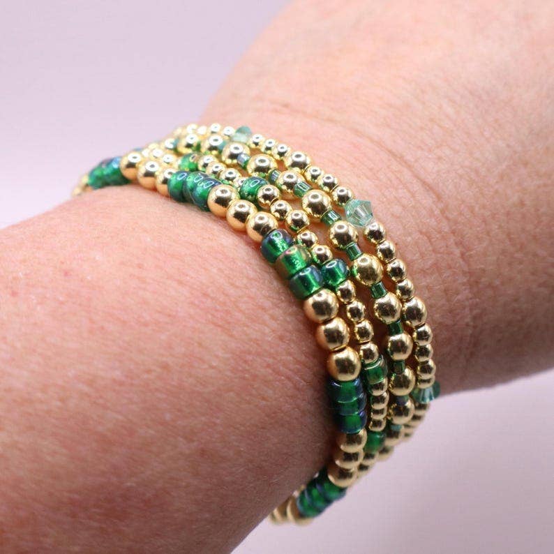 Emerald Green and Gold Hematite Bracelet Stack - The Classic Stack - Seaglass