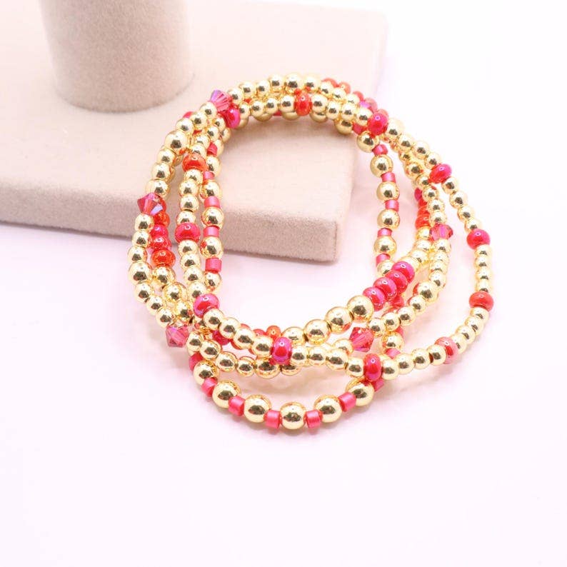 Hot Pink and Gold Hematite Bracelet Stack – The Classic Stack - Hot Hibiscus
