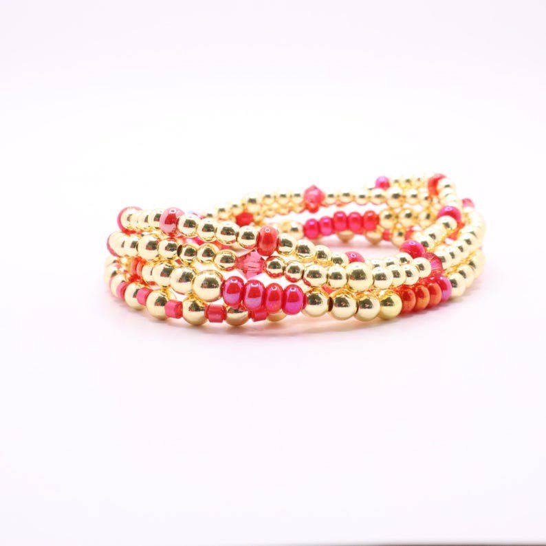 Hot Pink and Gold Hematite Bracelet Stack – The Classic Stack - Hot Hibiscus