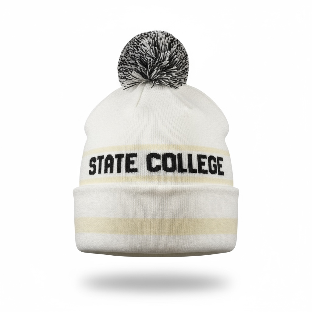 White, natural, and charcoal gray slouch pom-pom beanie with STATE COLLEGE knit pattern, shown front facing on a clean background.
