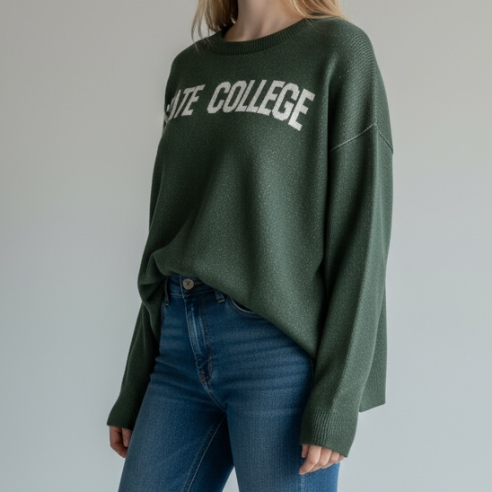 Woman wearing a green sweatshirt with 'STATE COLLEGE' text, blue jeans, and white sneakers on a plain background