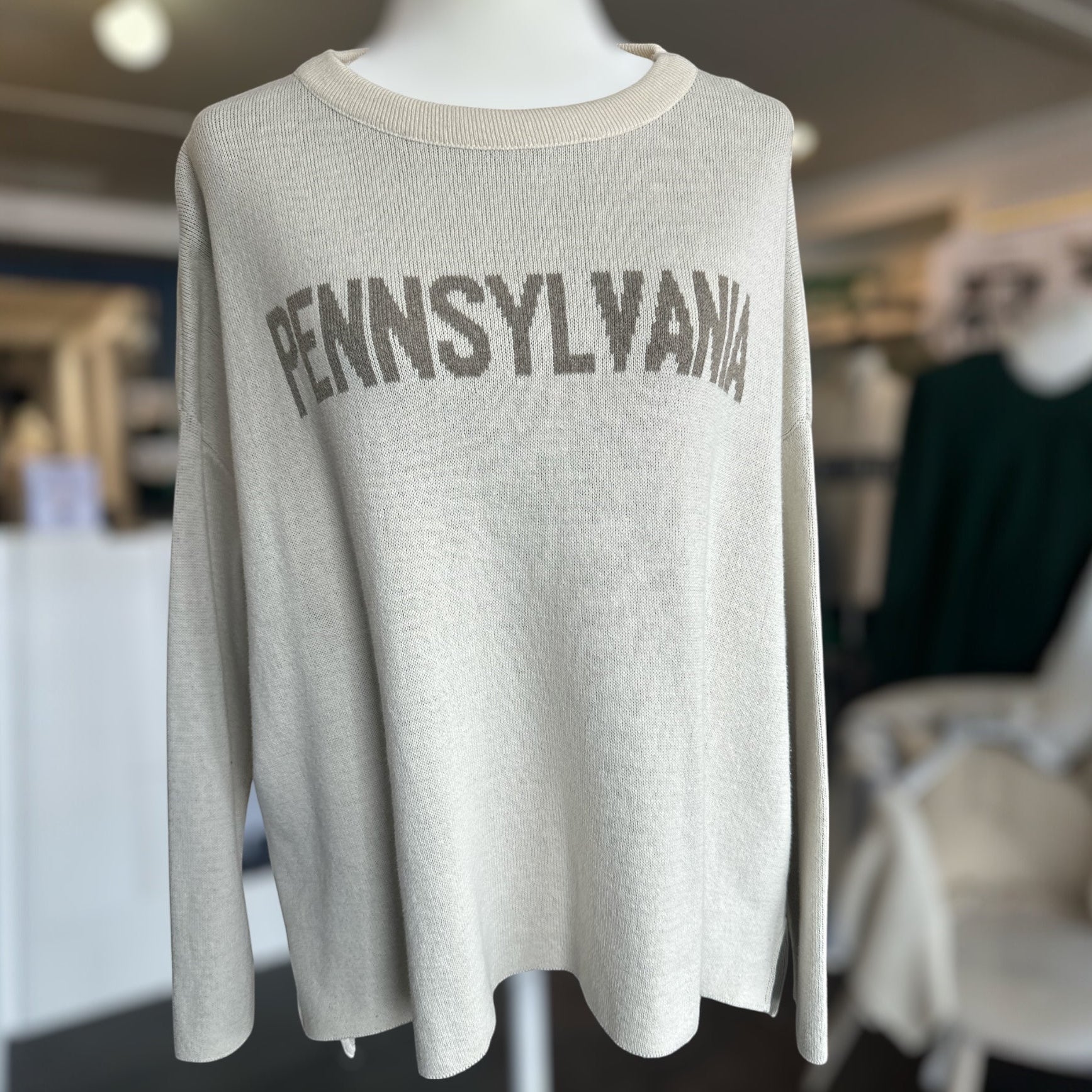 Beige sweater with 'Pennsylvania' text on a mannequin in a store setting