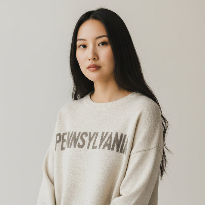 Woman wearing a beige sweater with 'Pennsylvania' text against a plain background