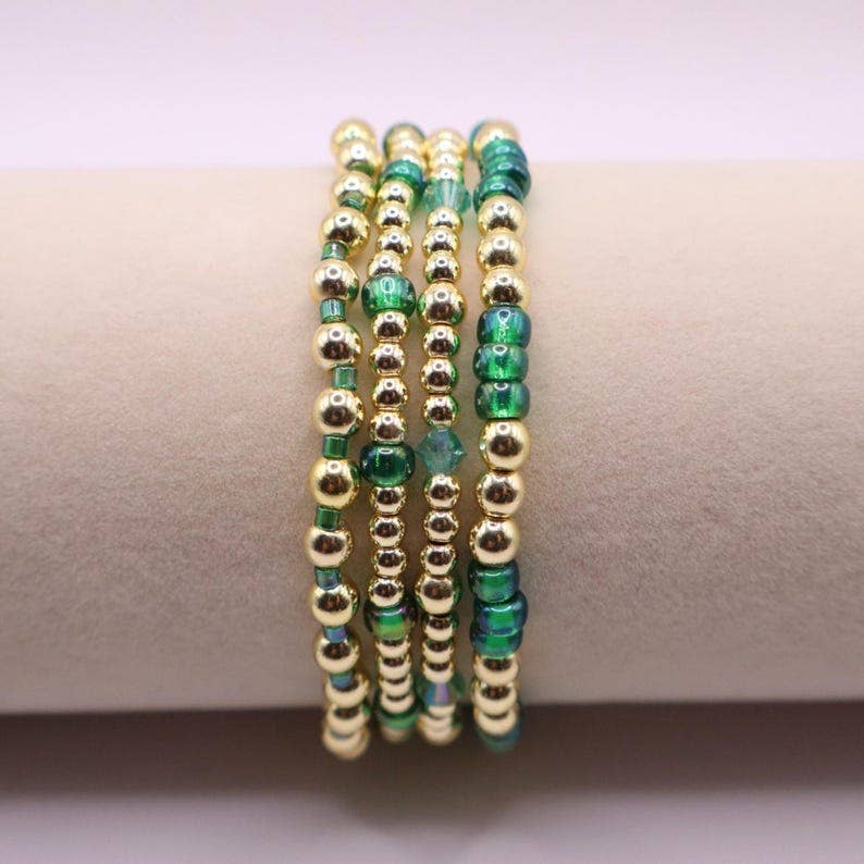 Emerald Green and Gold Hematite Bracelet Stack - The Classic Stack - Seaglass
