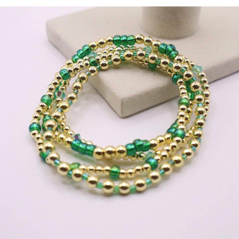 Emerald Green and Gold Hematite Bracelet Stack - The Classic Stack - Seaglass