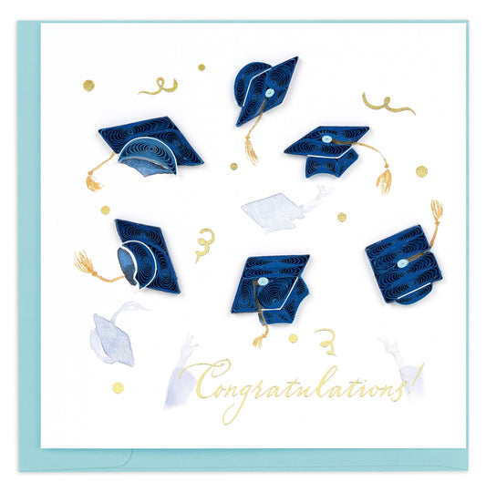 Graduation card with blue caps and 'Congratulations' text on a light blue background