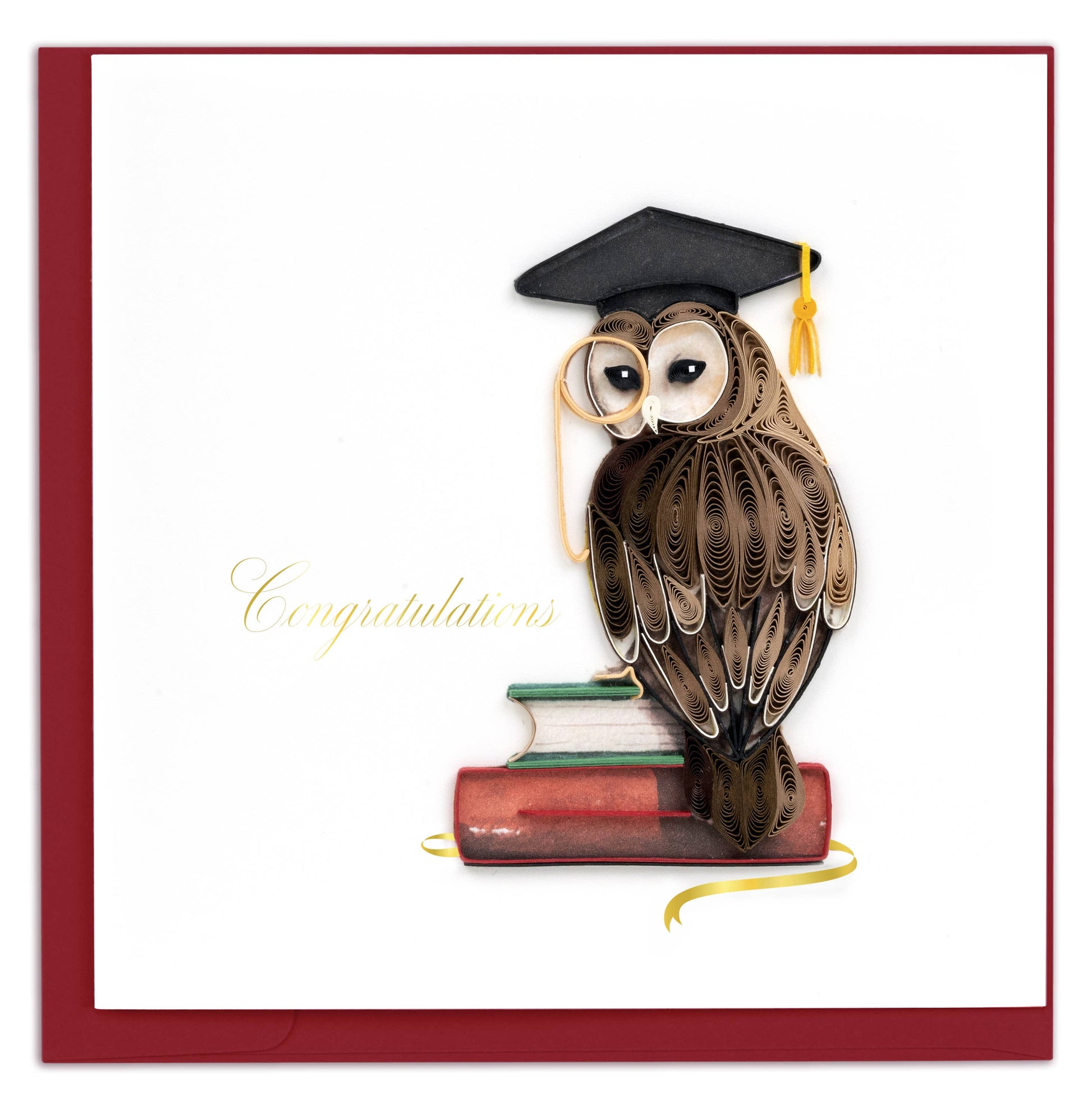 Graduation-themed card with an owl wearing a cap and glasses, sitting on books. Using quilled art.