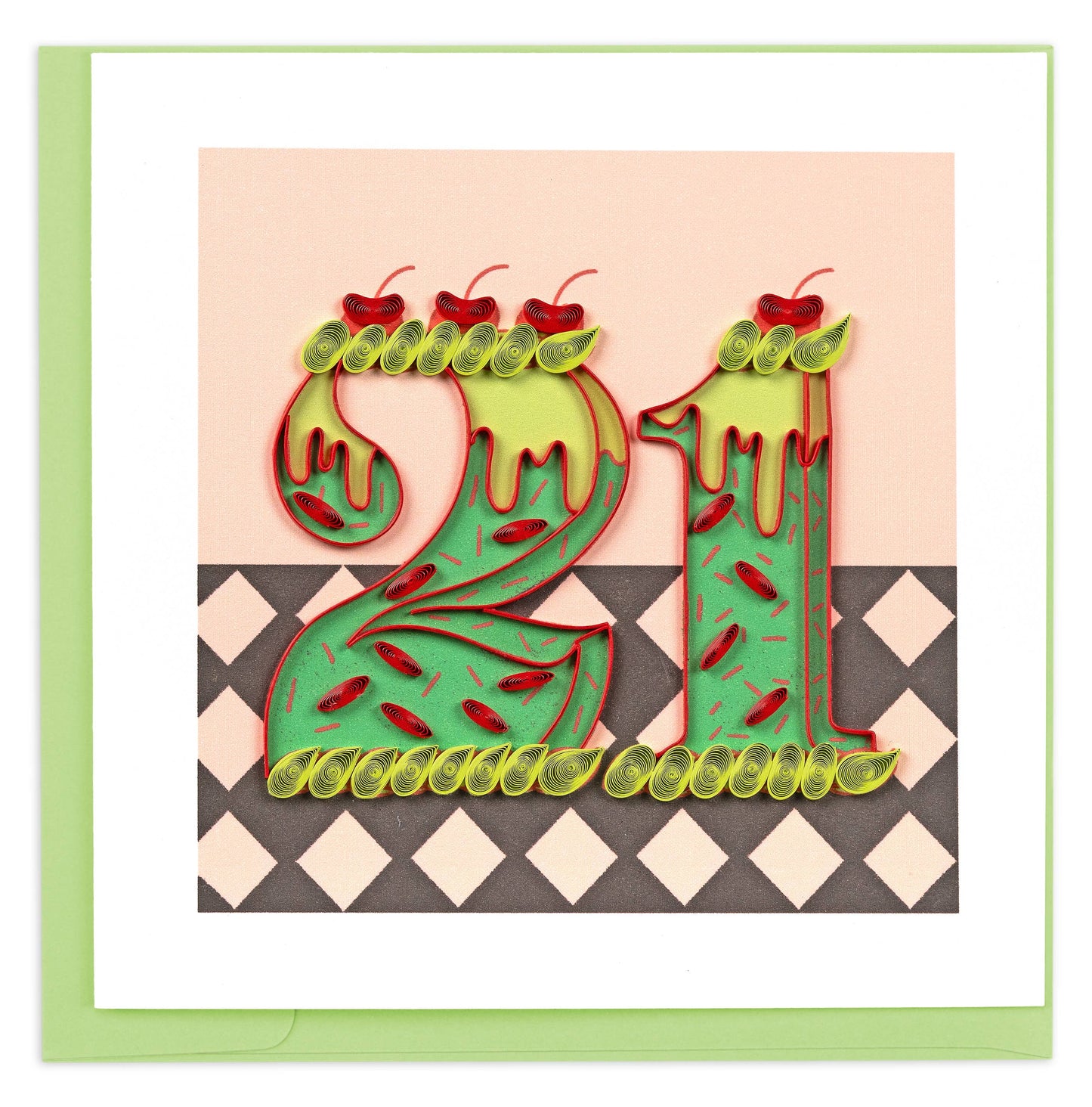 Card with number 21 design featuring green, red, and yellow colors on a patterned background.