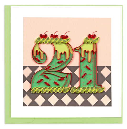Card with number 21 design featuring green, red, and yellow colors on a patterned background.