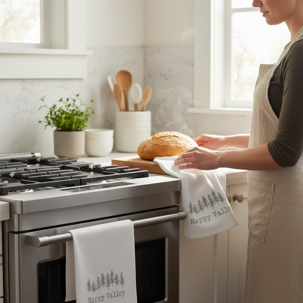 Person in a kitchen with a loaf of bread and towels with 'Happy Valley' text.